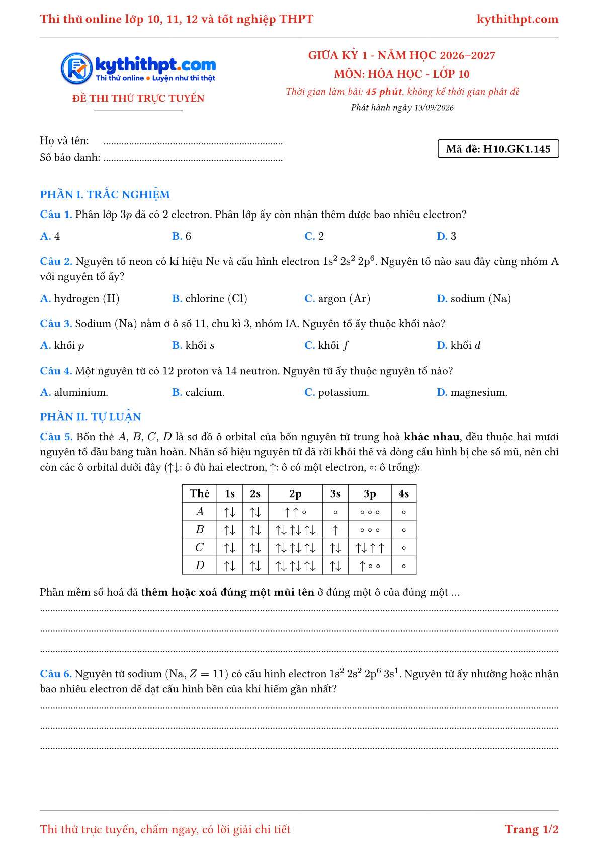 Trang đầu Đề thi thử online giữa kỳ 1 môn Hóa học lớp 10 - trắc nghiệm + tự luận nâng cao - đề 145