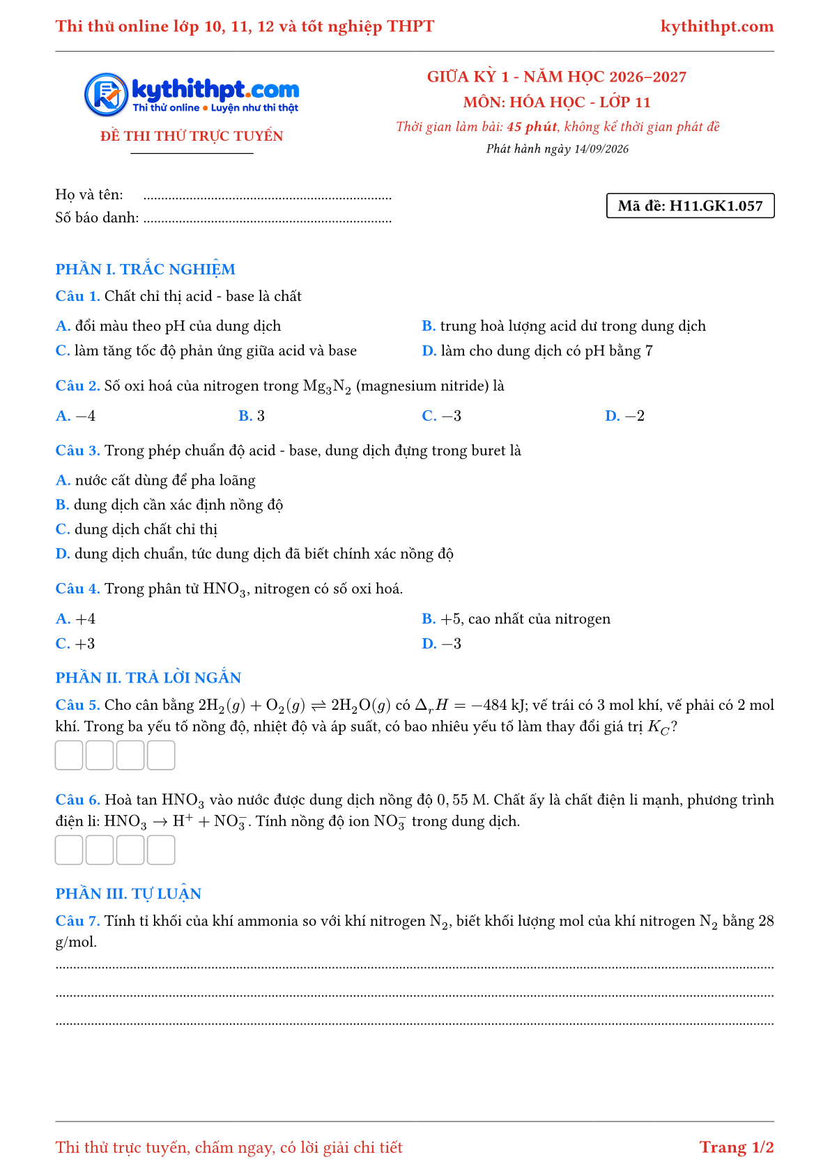 Trang đầu Đề thi thử online giữa kỳ 1 môn Hóa học lớp 11 - trắc nghiệm + trả lời ngắn + tự luận - đề 057