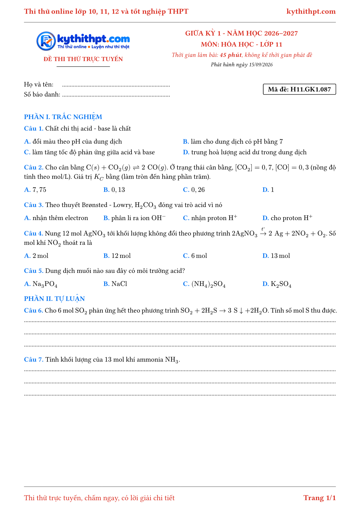 Trang đầu Đề thi thử online giữa kỳ 1 môn Hóa học lớp 11 - trắc nghiệm + tự luận - đề 087