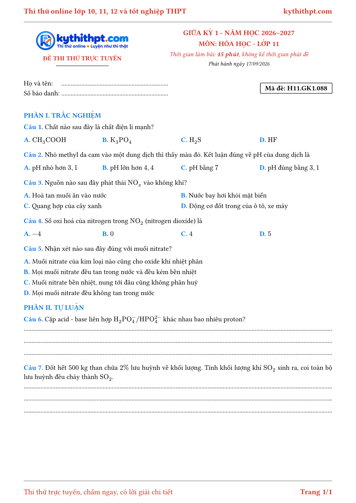 Trang đầu Đề thi thử online giữa kỳ 1 môn Hóa học lớp 11 - trắc nghiệm + tự luận - đề 088