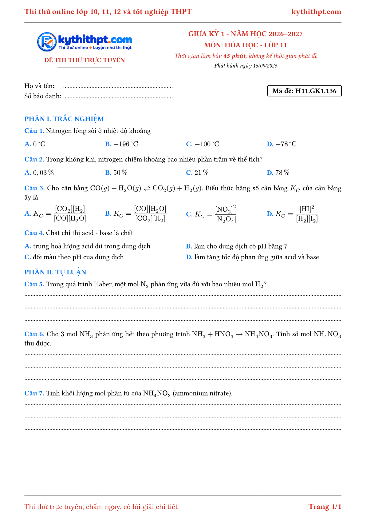 Trang đầu Đề thi thử online giữa kỳ 1 môn Hóa học lớp 11 - trắc nghiệm + tự luận nâng cao - đề 136