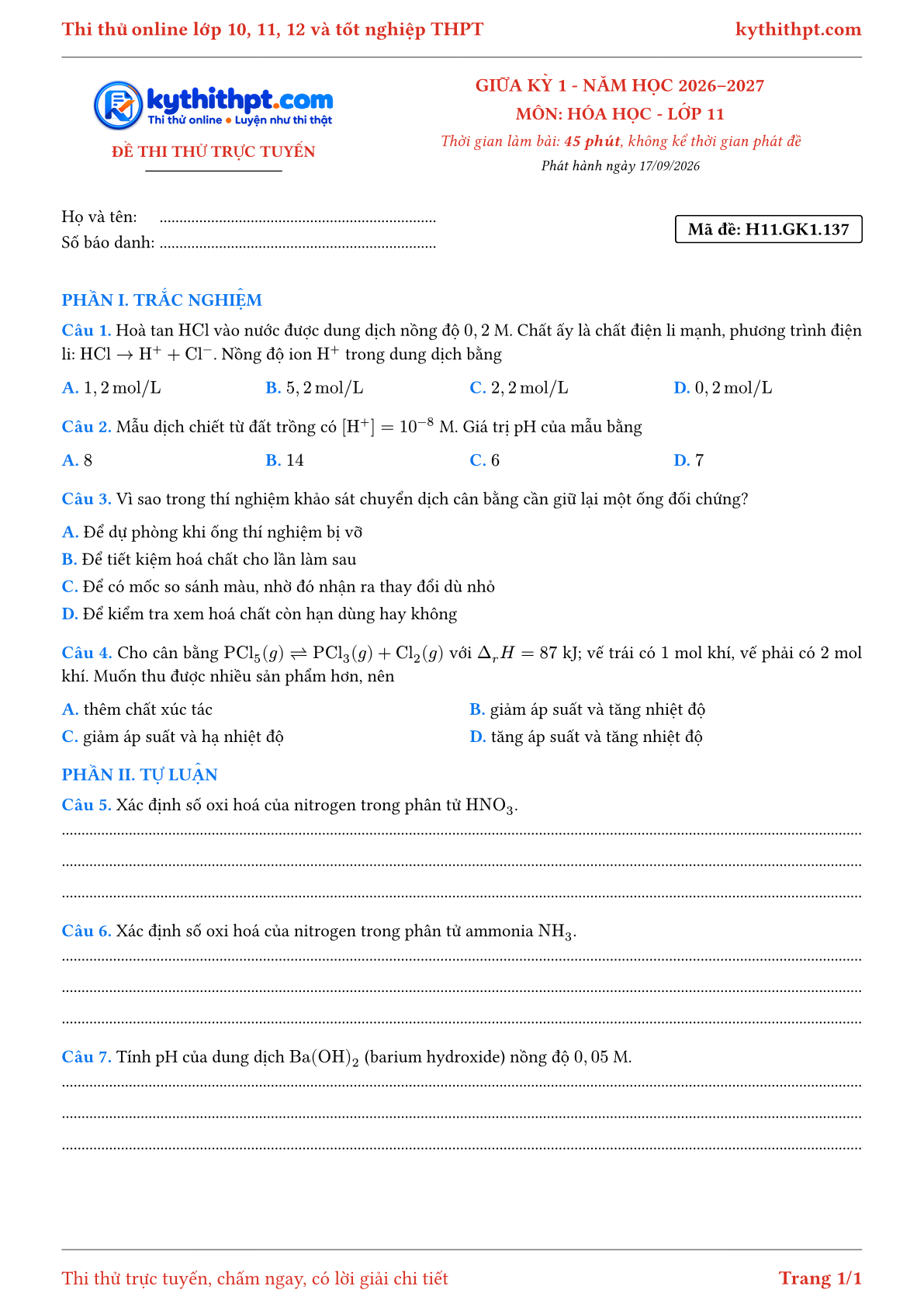 Trang đầu Đề thi thử online giữa kỳ 1 môn Hóa học lớp 11 - trắc nghiệm + tự luận nâng cao - đề 137
