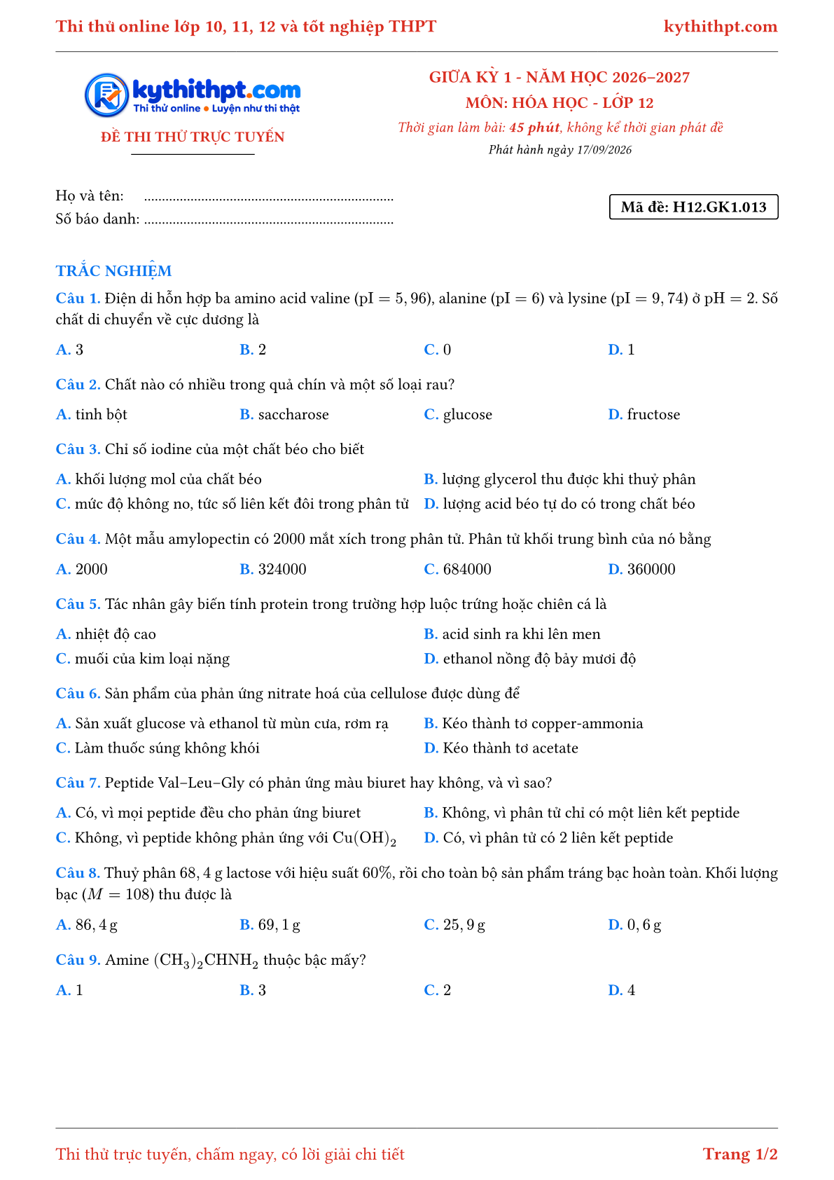 Trang đầu Đề thi thử online giữa kỳ 1 môn Hóa học lớp 12 - full trắc nghiệm - đề 013