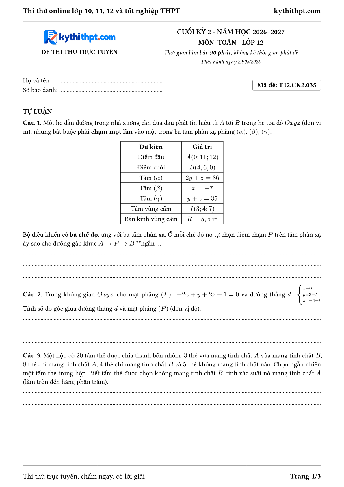 Trang đầu Đề thi thử online cuối kỳ 2 môn Toán lớp 12 - full tự luận - đề 035