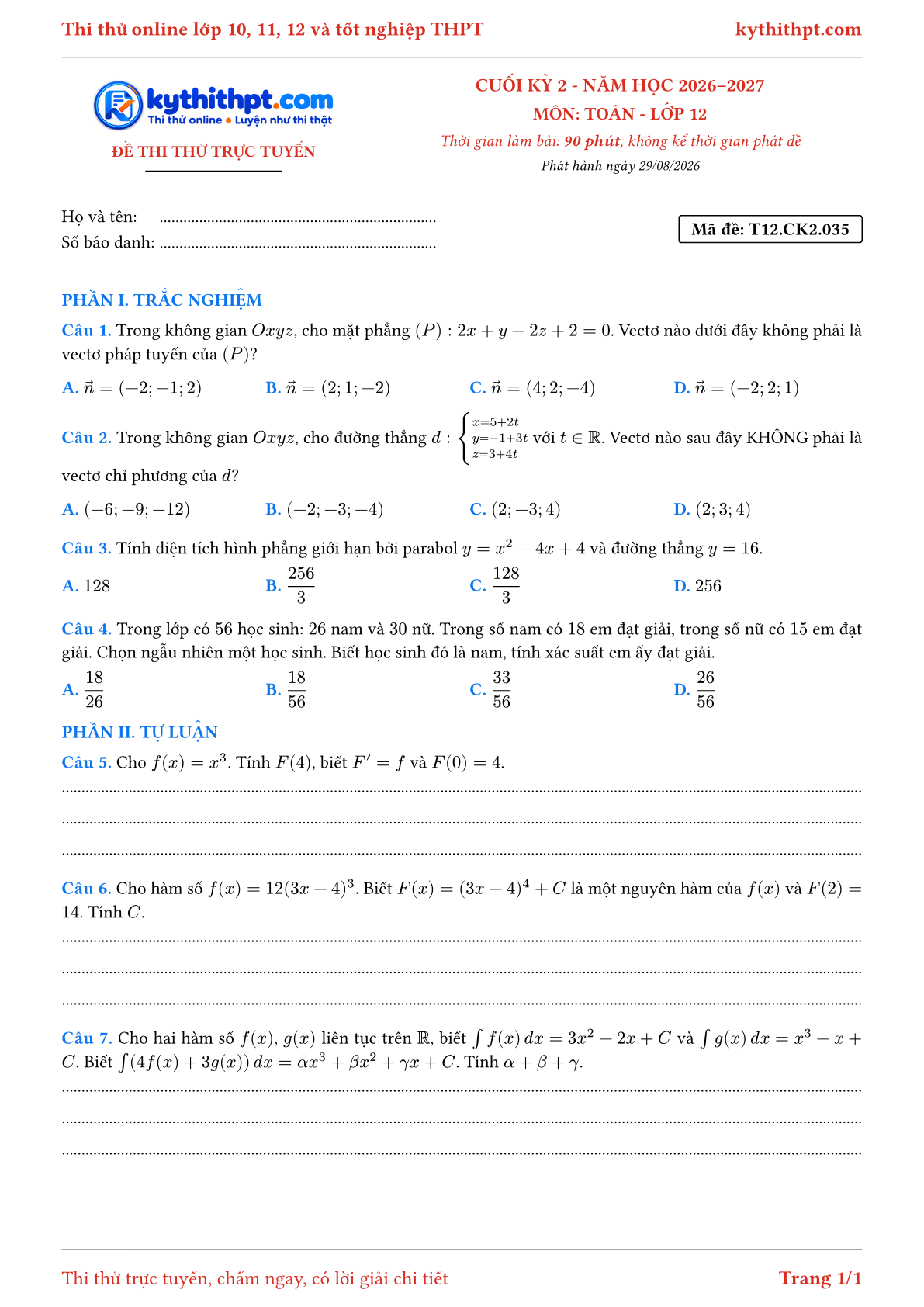 Trang đầu Đề thi thử online cuối kỳ 2 môn Toán lớp 12 - trắc nghiệm + tự luận nâng cao - đề 035