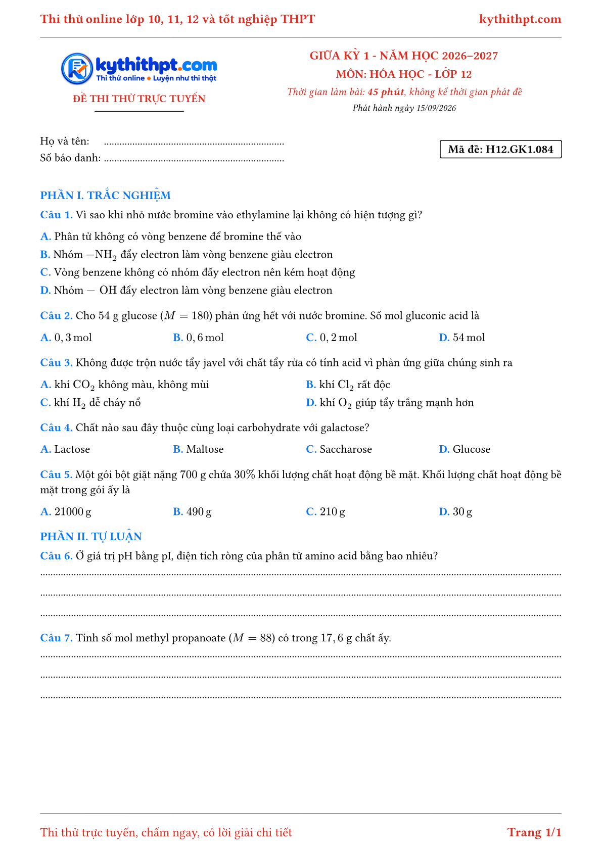Trang đầu Đề thi thử online giữa kỳ 1 môn Hóa học lớp 12 - trắc nghiệm + tự luận - đề 084