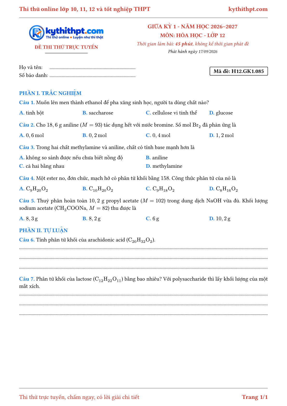Trang đầu Đề thi thử online giữa kỳ 1 môn Hóa học lớp 12 - trắc nghiệm + tự luận - đề 085