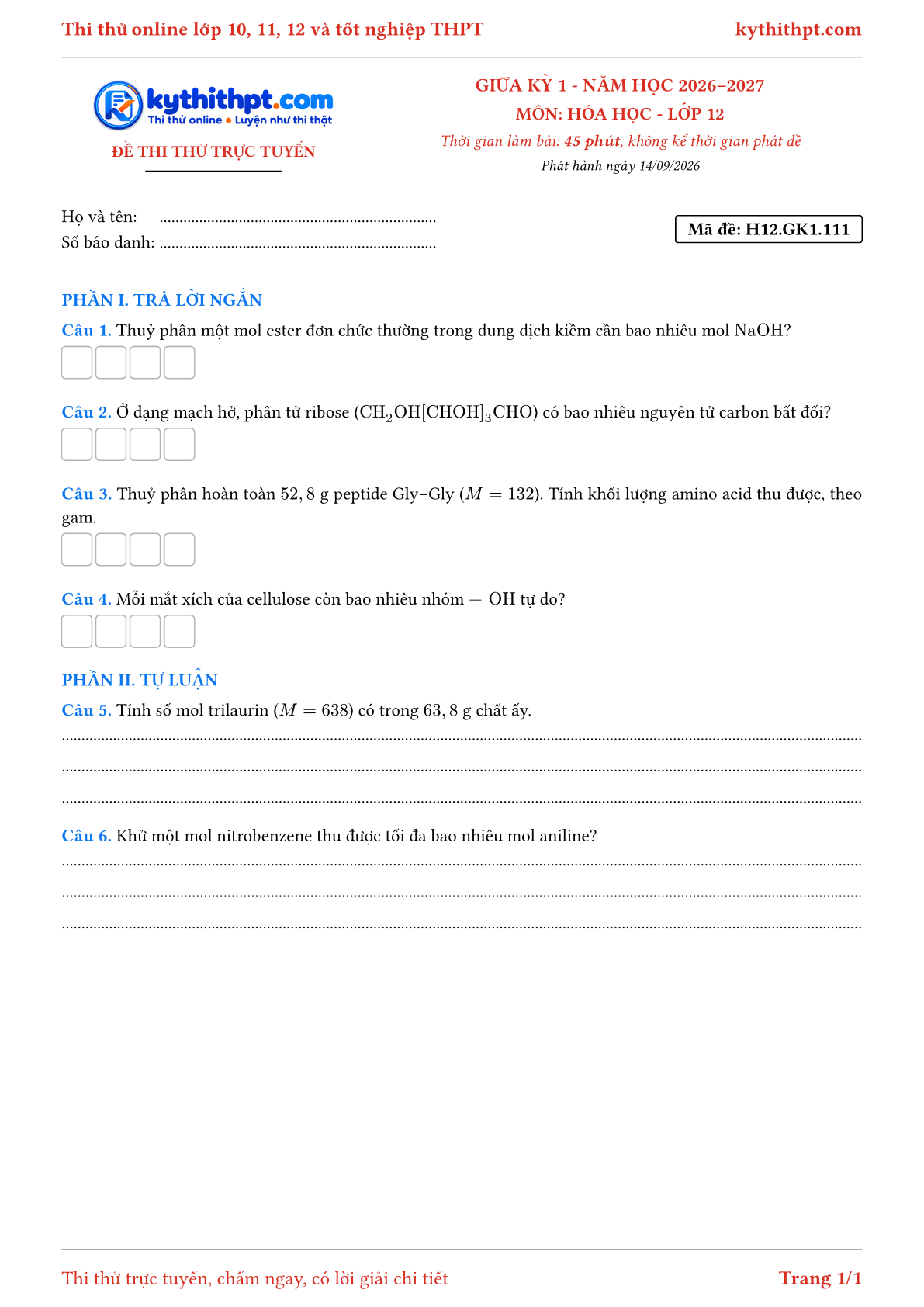 Trang đầu Đề thi thử online giữa kỳ 1 môn Hóa học lớp 12 - trả lời ngắn + tự luận - đề 111