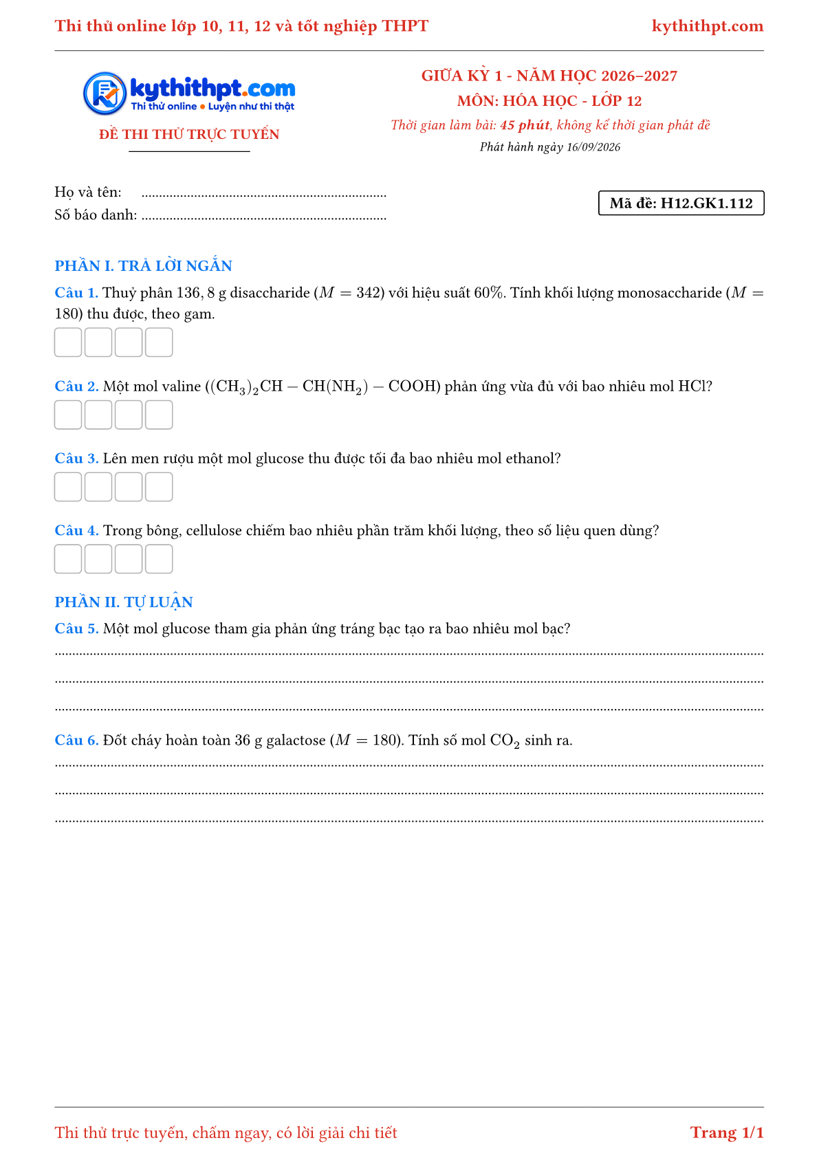 Trang đầu Đề thi thử online giữa kỳ 1 môn Hóa học lớp 12 - trả lời ngắn + tự luận - đề 112