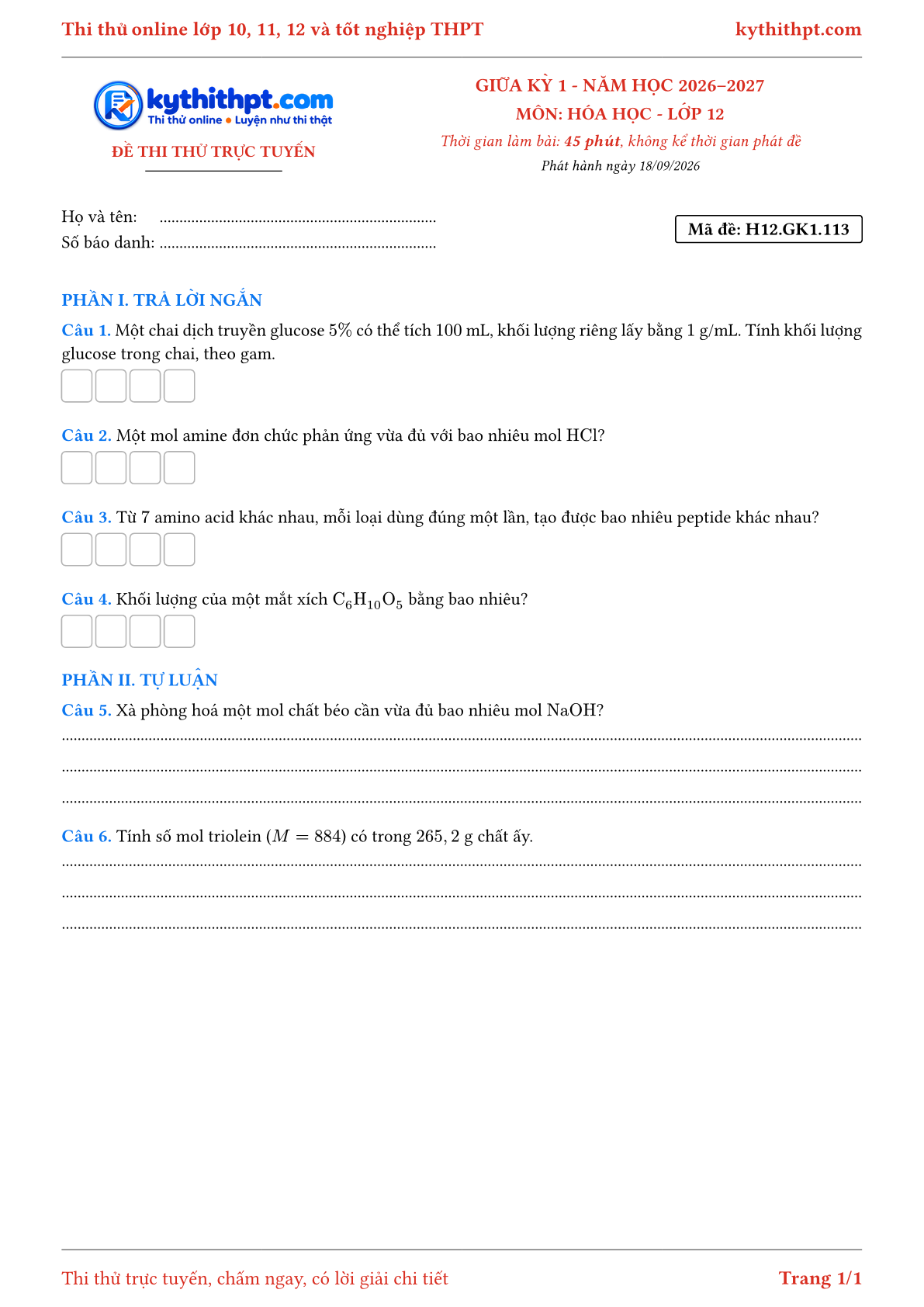 Trang đầu Đề thi thử online giữa kỳ 1 môn Hóa học lớp 12 - trả lời ngắn + tự luận - đề 113