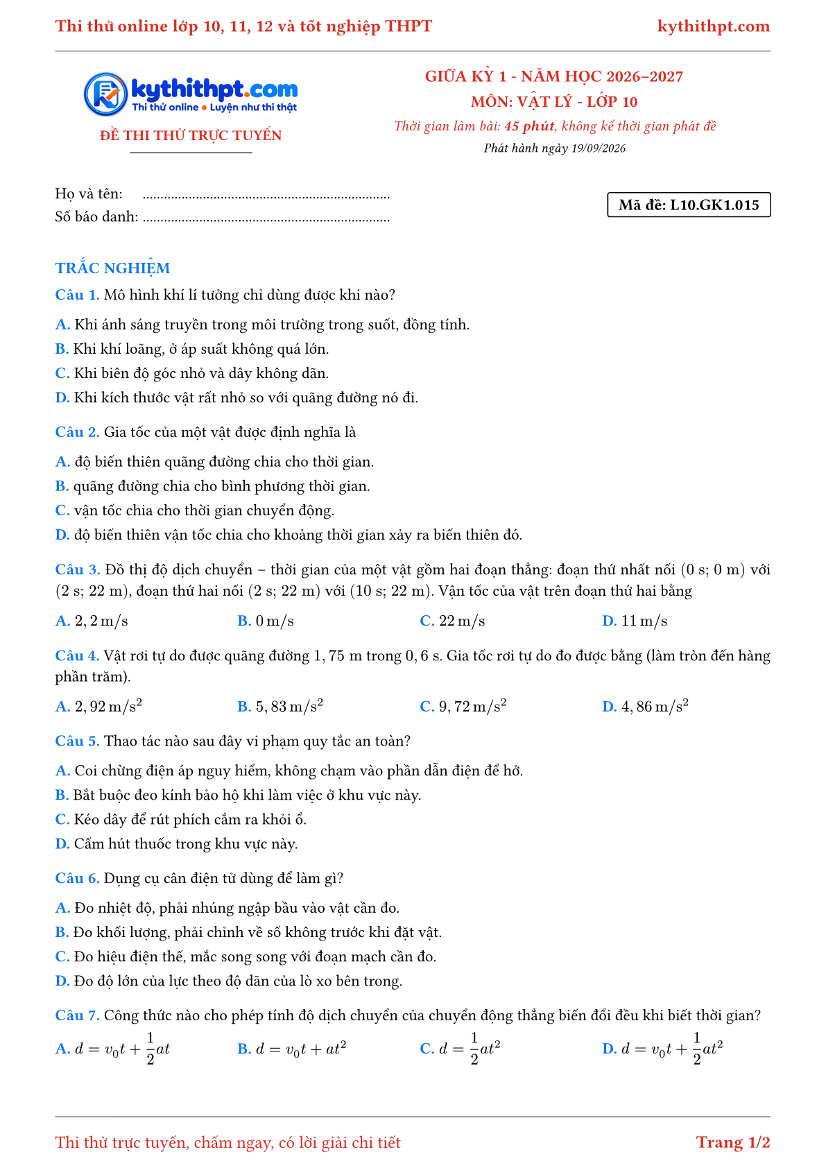 Trang đầu Đề thi thử online giữa kỳ 1 môn Vật lý lớp 10 - full trắc nghiệm - đề 015
