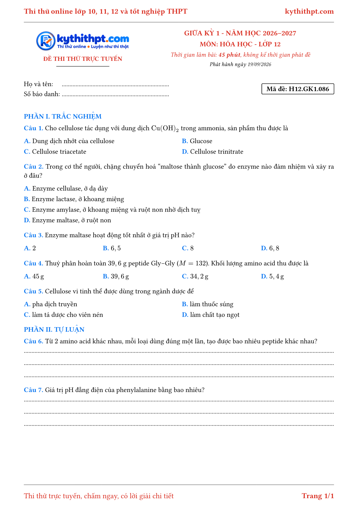 Trang đầu Đề thi thử online giữa kỳ 1 môn Hóa học lớp 12 - trắc nghiệm + tự luận - đề 086
