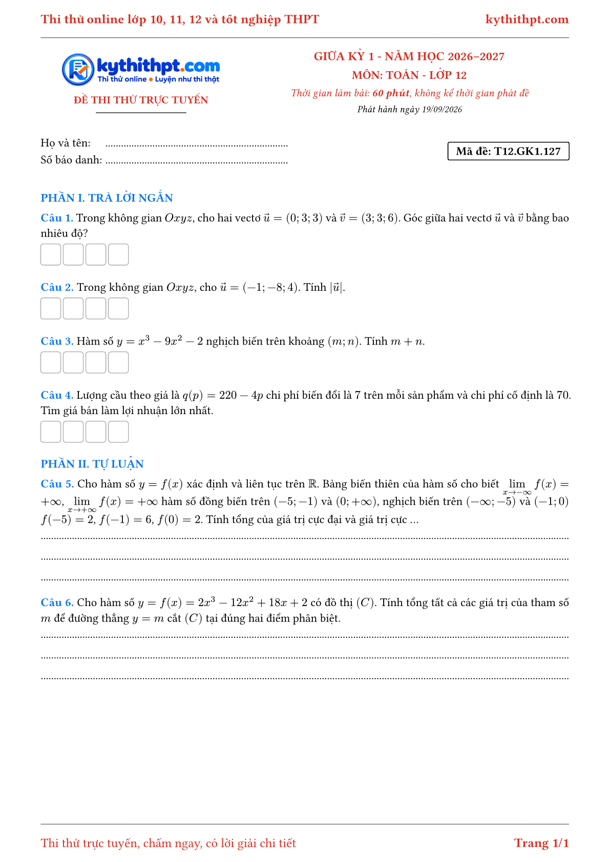 Trang đầu Đề thi thử online giữa kỳ 1 môn Toán lớp 12 - trả lời ngắn + tự luận - đề 127