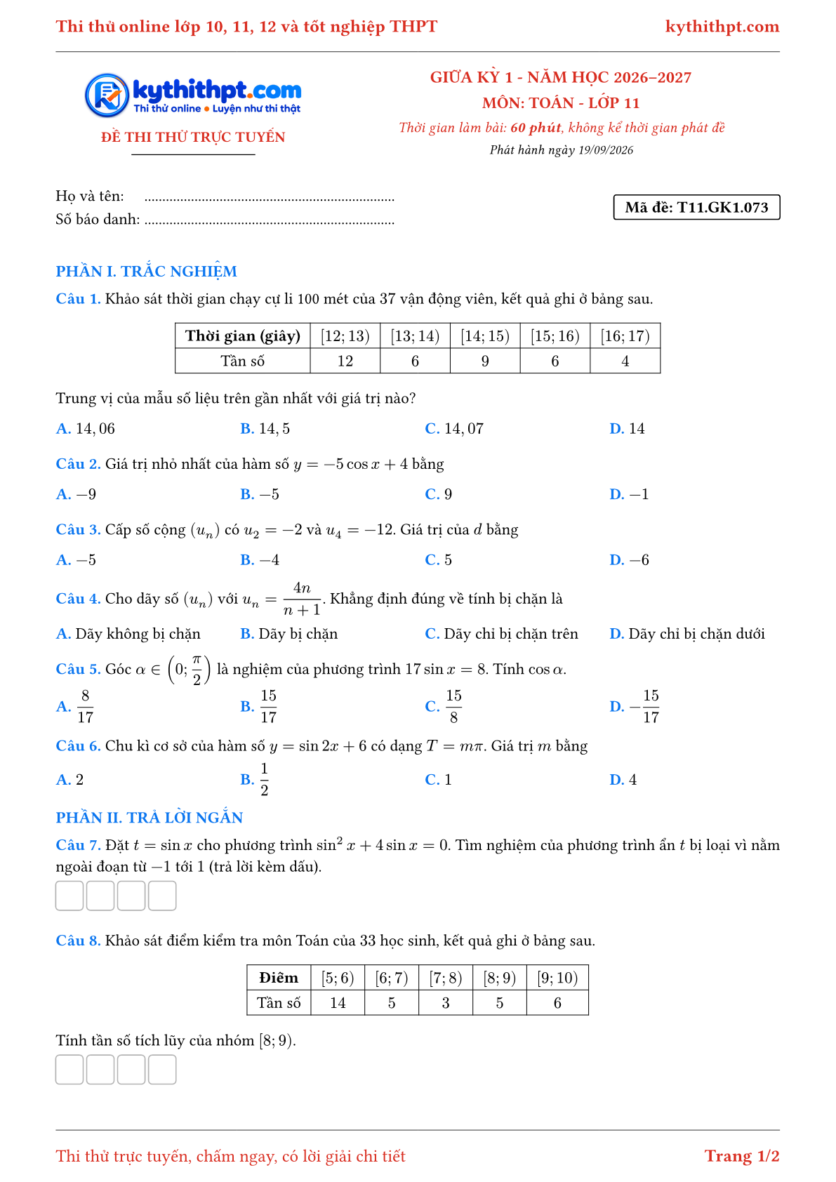 Trang đầu Đề thi thử online giữa kỳ 1 môn Toán lớp 11 - trắc nghiệm + trả lời ngắn - đề 073