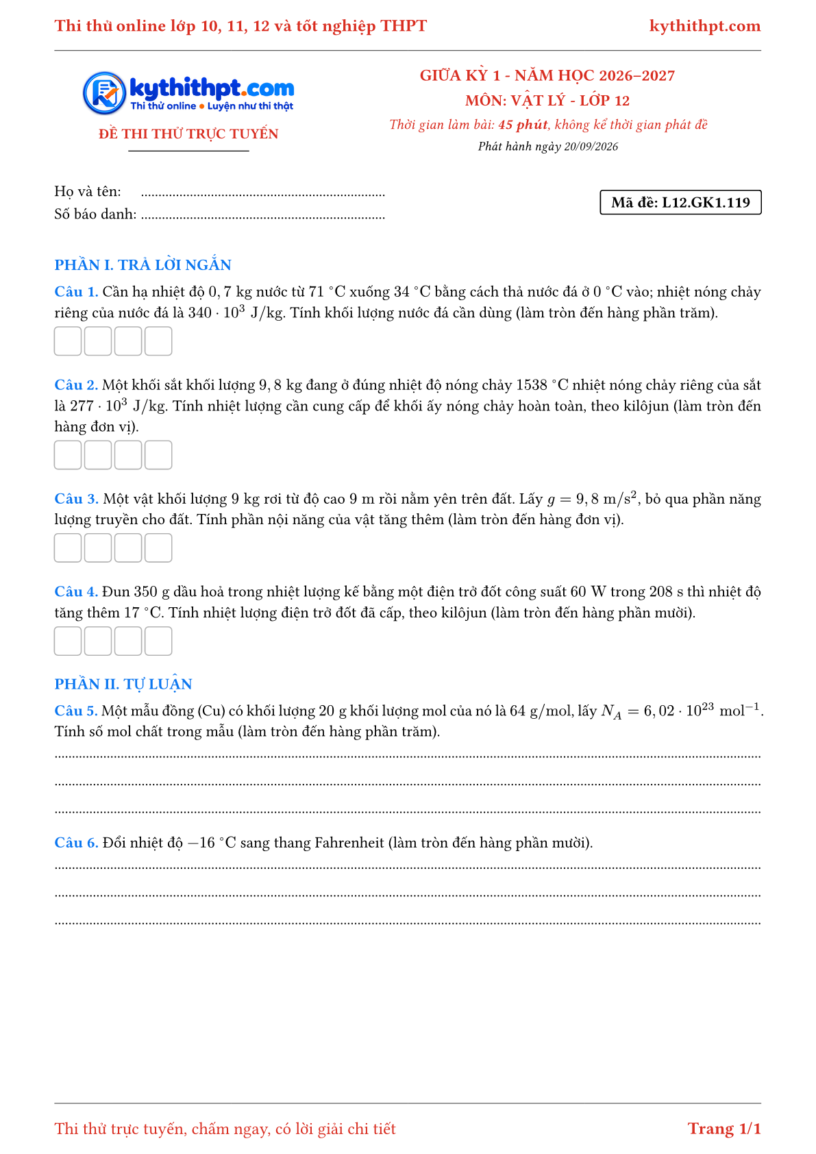 Trang đầu Đề thi thử online giữa kỳ 1 môn Vật lý lớp 12 - trả lời ngắn + tự luận - đề 119