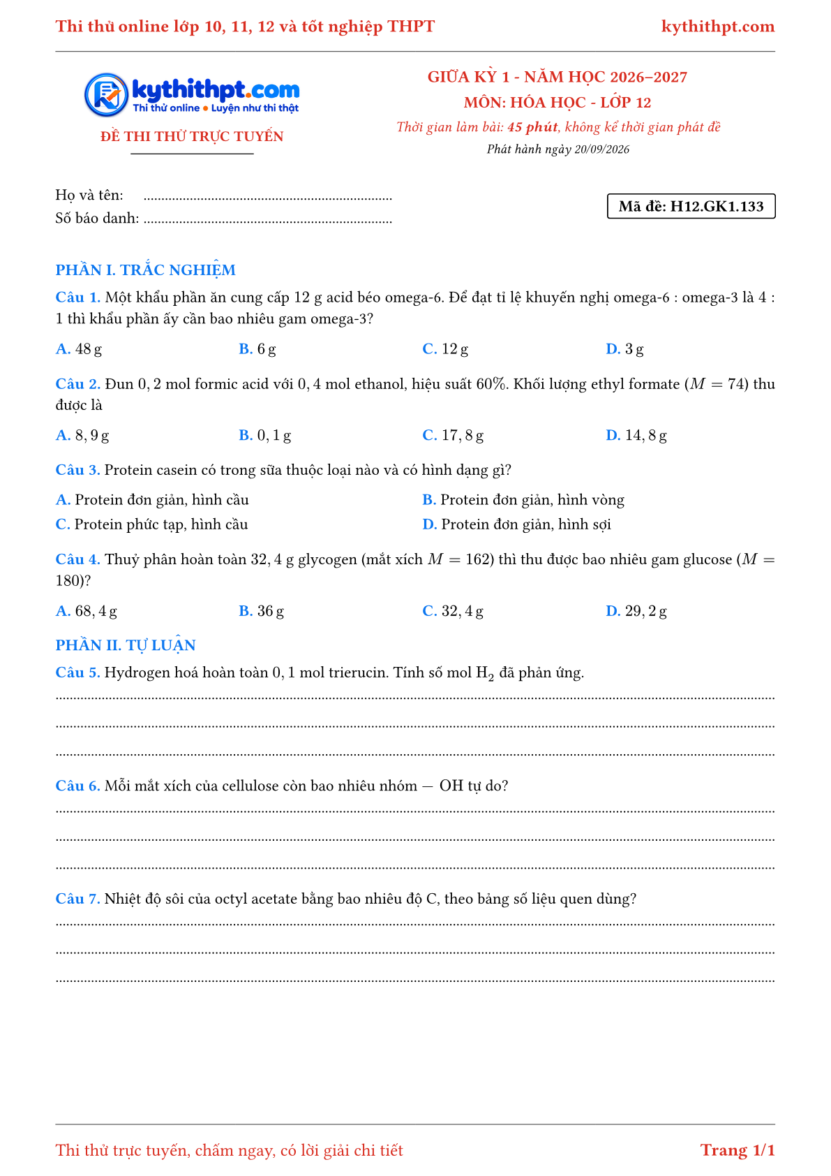 Trang đầu Đề thi thử online giữa kỳ 1 môn Hóa học lớp 12 - trắc nghiệm + tự luận nâng cao - đề 133