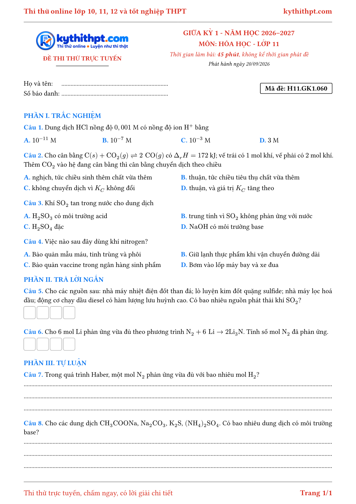Trang đầu Đề thi thử online giữa kỳ 1 môn Hóa học lớp 11 - trắc nghiệm + trả lời ngắn + tự luận - đề 060
