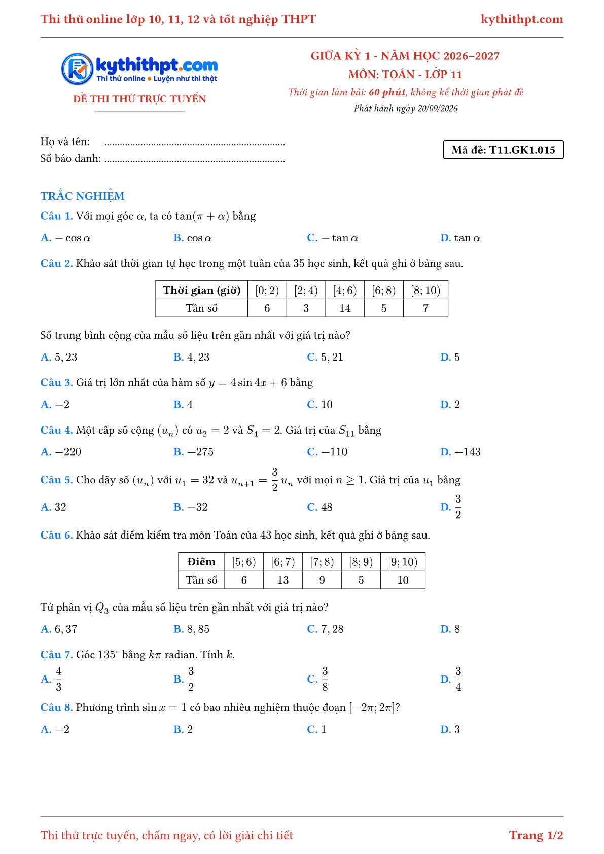Trang đầu Đề thi thử online giữa kỳ 1 môn Toán lớp 11 - full trắc nghiệm - đề 015