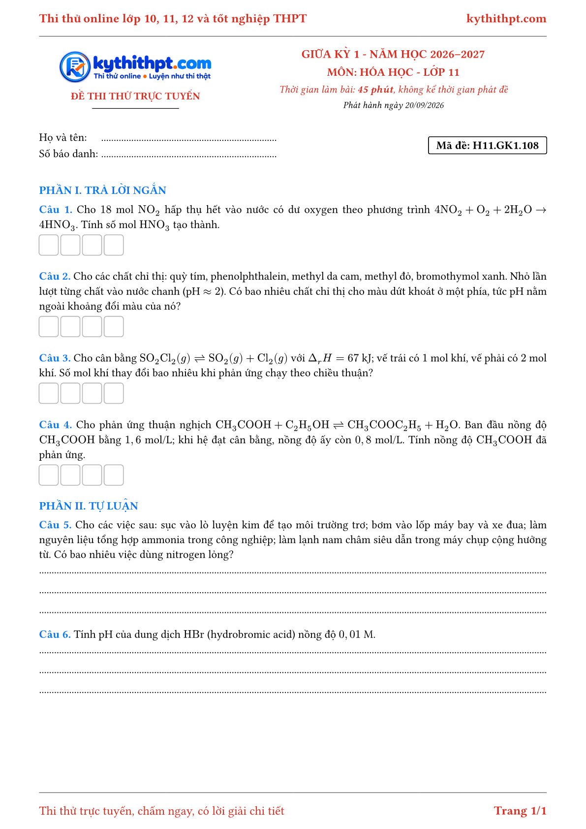 Trang đầu Đề thi thử online giữa kỳ 1 môn Hóa học lớp 11 - trả lời ngắn + tự luận - đề 108