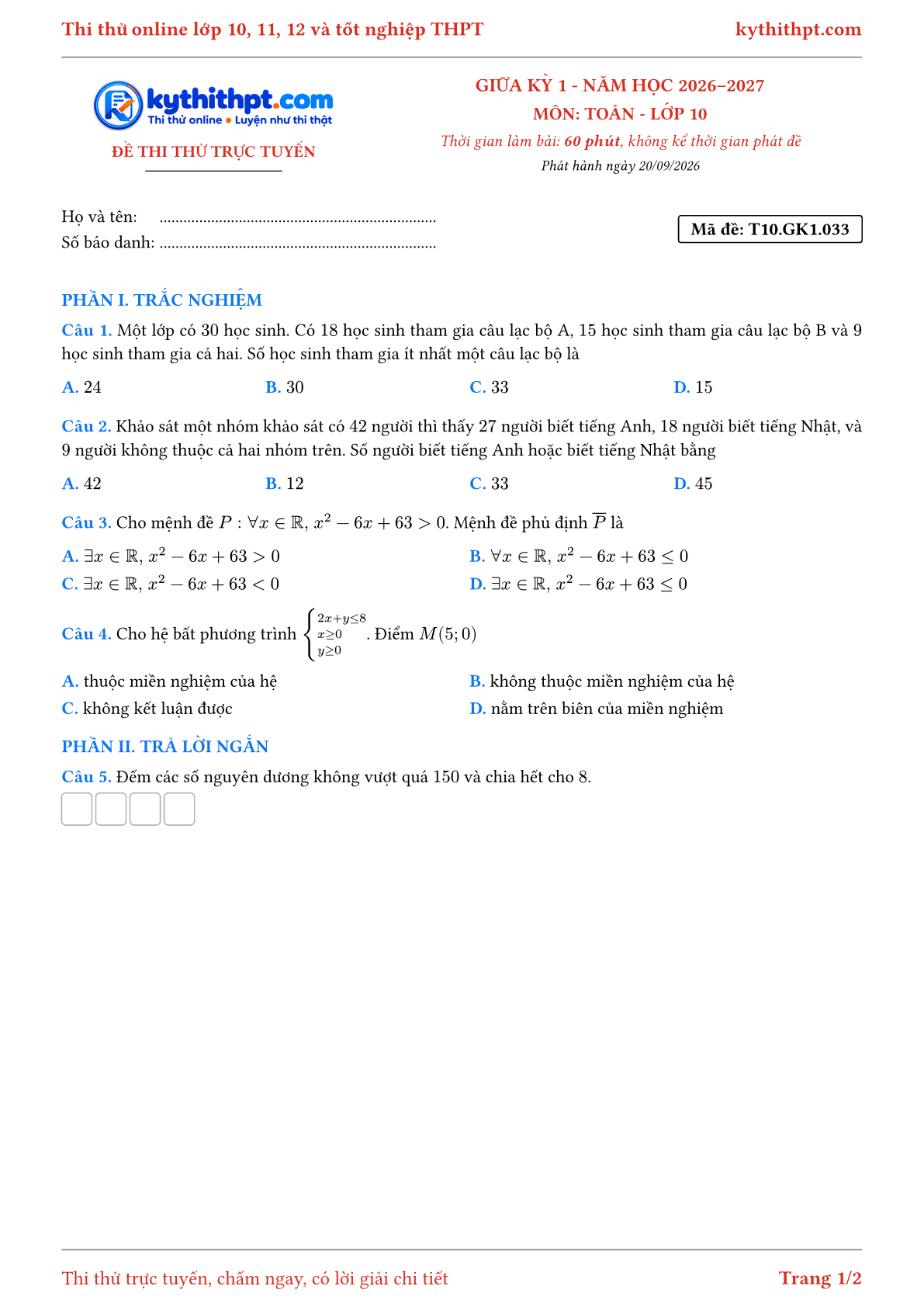 Trang đầu Đề thi thử online giữa kỳ 1 môn Toán lớp 10 - trắc nghiệm + trả lời ngắn + tự luận - đề 033