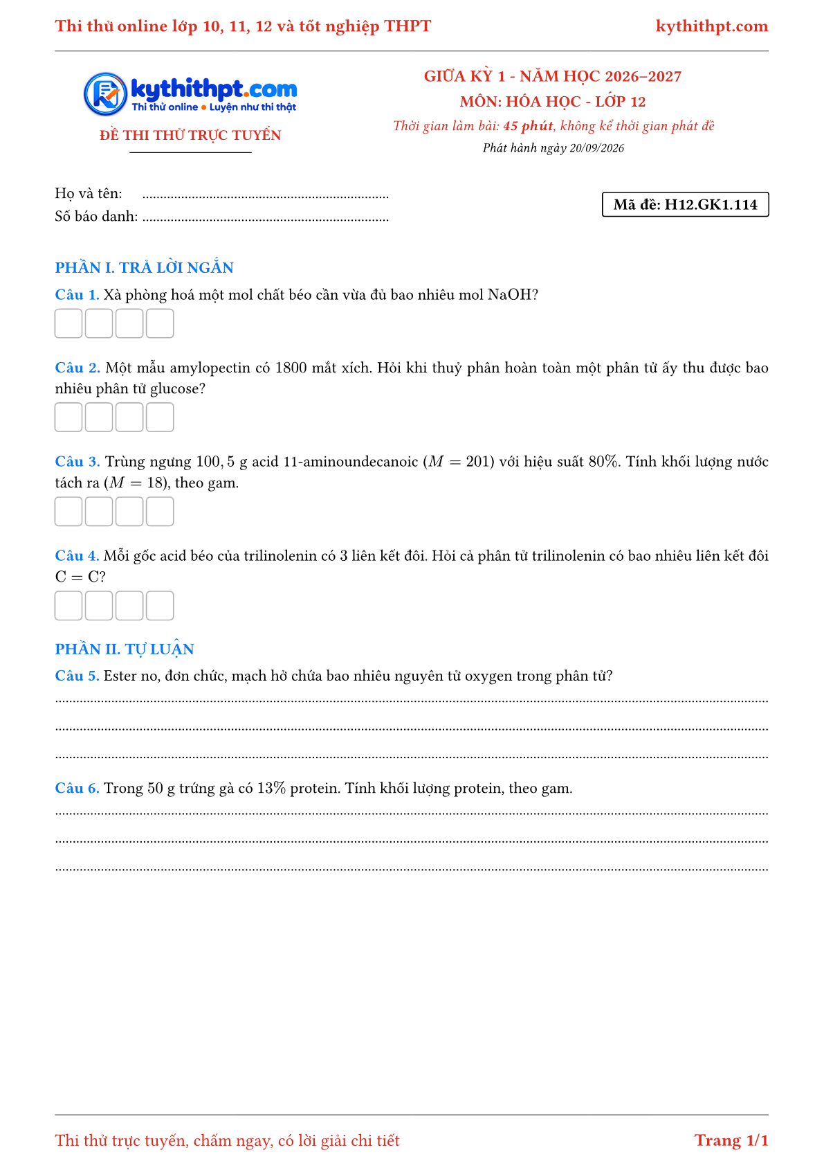 Trang đầu Đề thi thử online giữa kỳ 1 môn Hóa học lớp 12 - trả lời ngắn + tự luận - đề 114