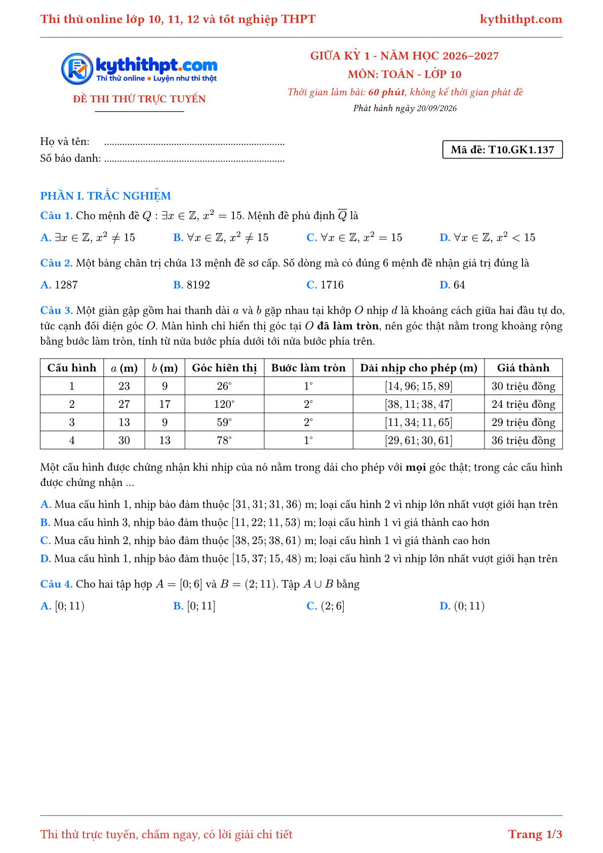 Trang đầu Đề thi thử online giữa kỳ 1 môn Toán lớp 10 - trắc nghiệm + tự luận nâng cao - đề 137