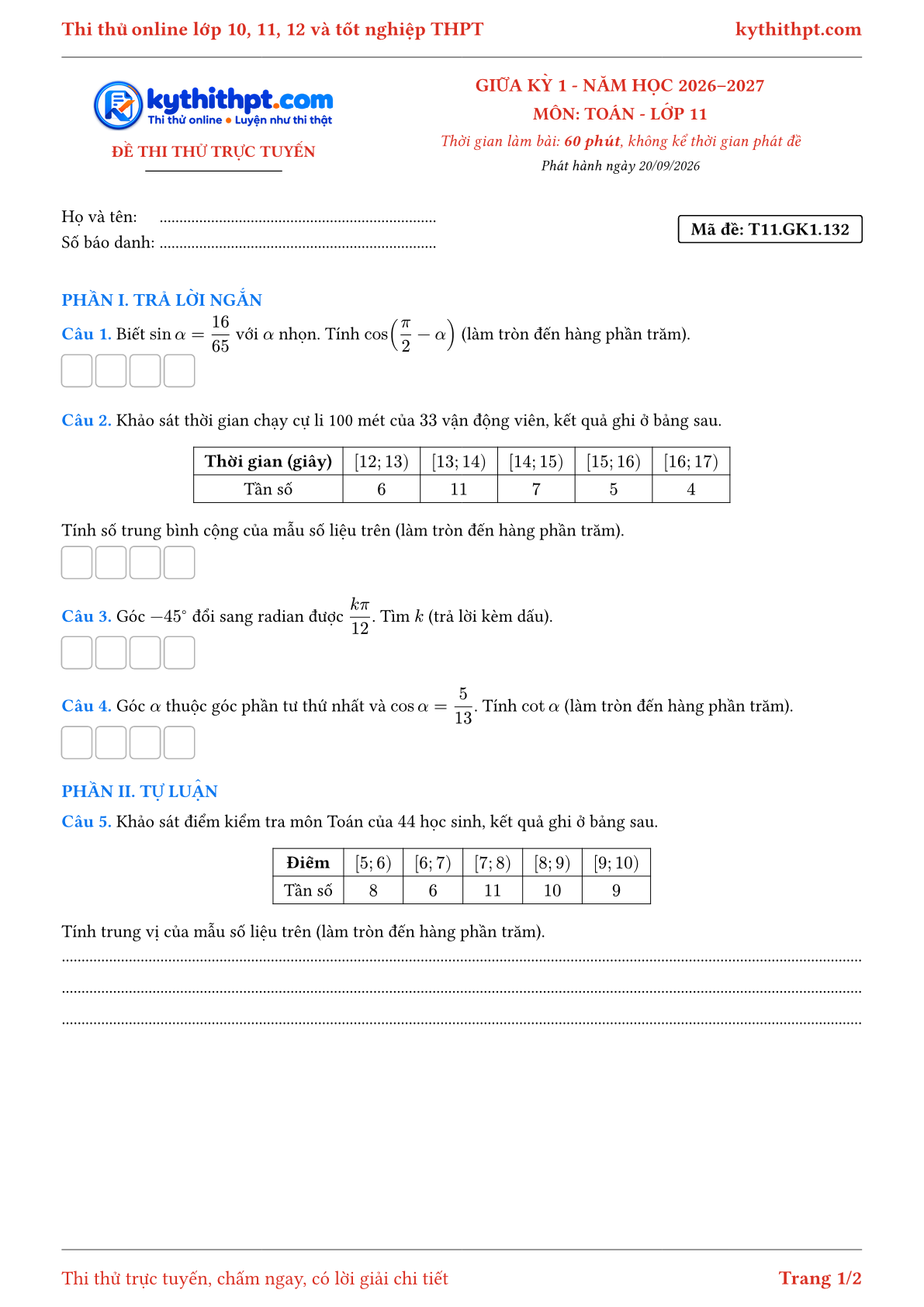 Trang đầu Đề thi thử online giữa kỳ 1 môn Toán lớp 11 - trả lời ngắn + tự luận - đề 132