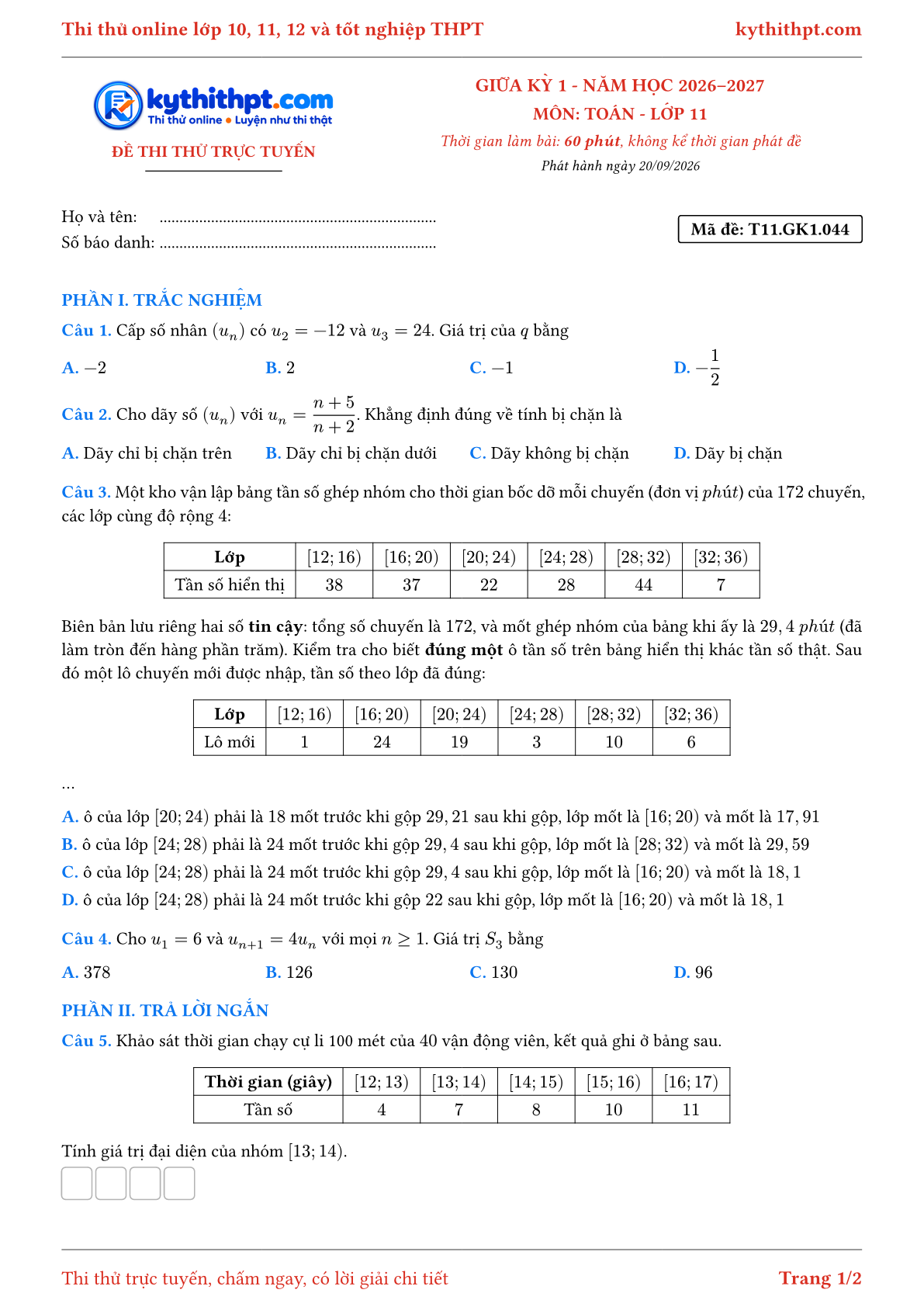 Trang đầu Đề thi thử online giữa kỳ 1 môn Toán lớp 11 - trắc nghiệm + trả lời ngắn + tự luận - đề 044