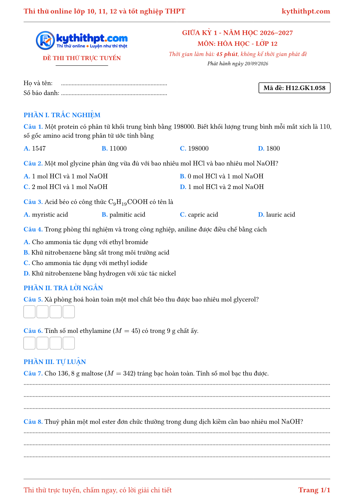 Trang đầu Đề thi thử online giữa kỳ 1 môn Hóa học lớp 12 - trắc nghiệm + trả lời ngắn + tự luận - đề 058