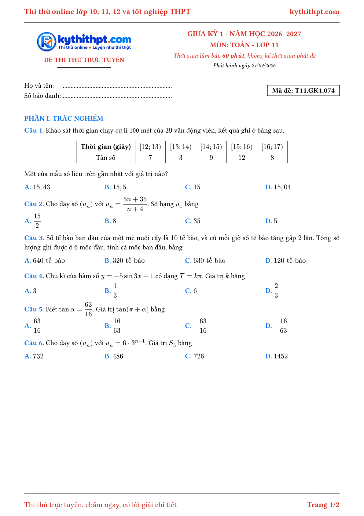 Trang đầu Đề thi thử online giữa kỳ 1 môn Toán lớp 11 - trắc nghiệm + trả lời ngắn - đề 074
