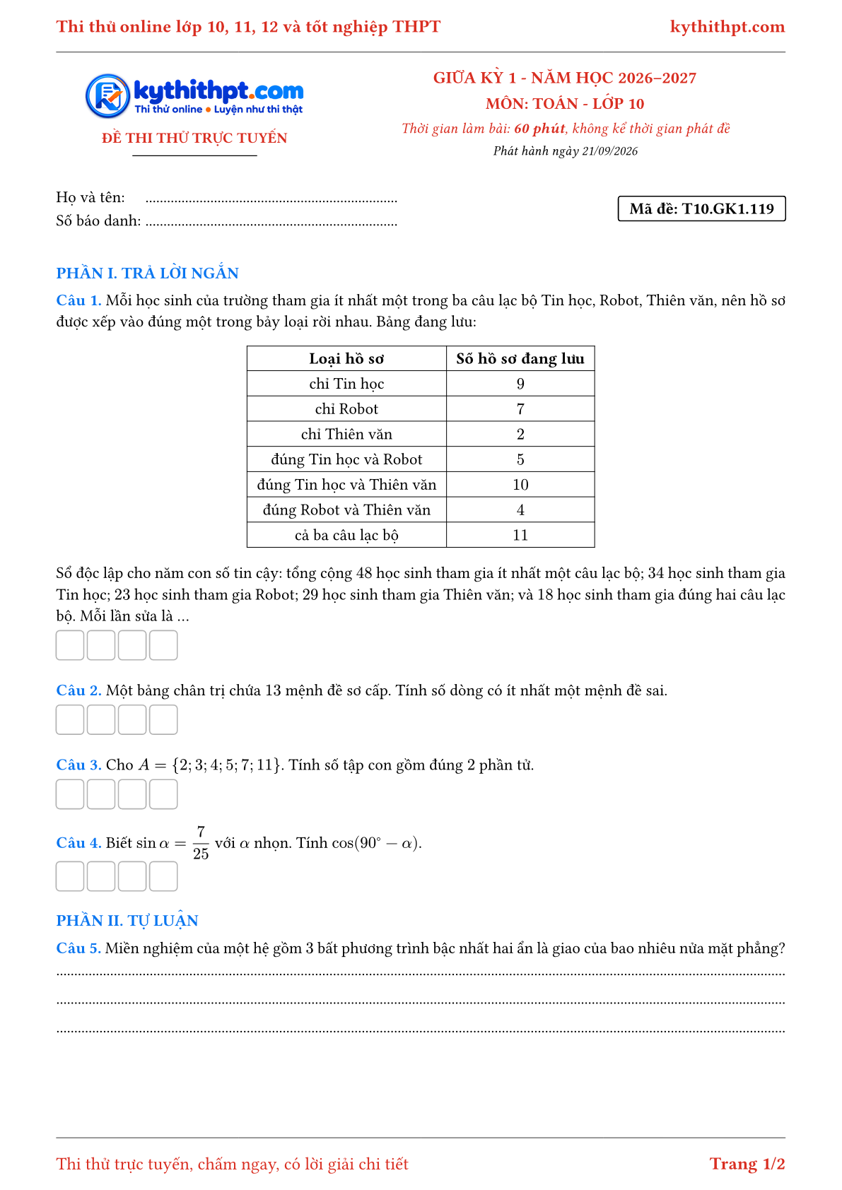 Trang đầu Đề thi thử online giữa kỳ 1 môn Toán lớp 10 - trả lời ngắn + tự luận - đề 119