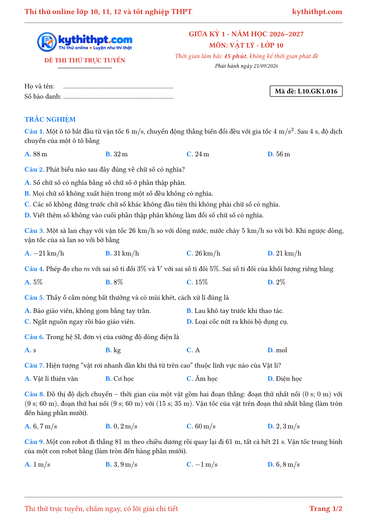 Trang đầu Đề thi thử online giữa kỳ 1 môn Vật lý lớp 10 - full trắc nghiệm - đề 016