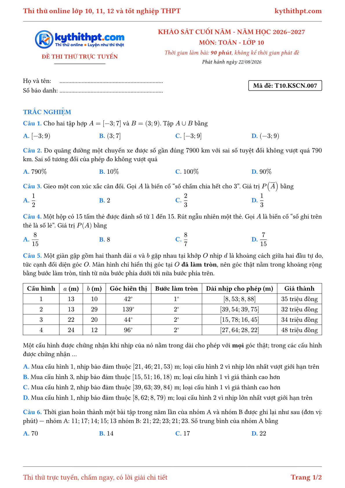 Trang đầu Đề thi thử online khảo sát cuối năm môn Toán lớp 10 - full trắc nghiệm - đề 007