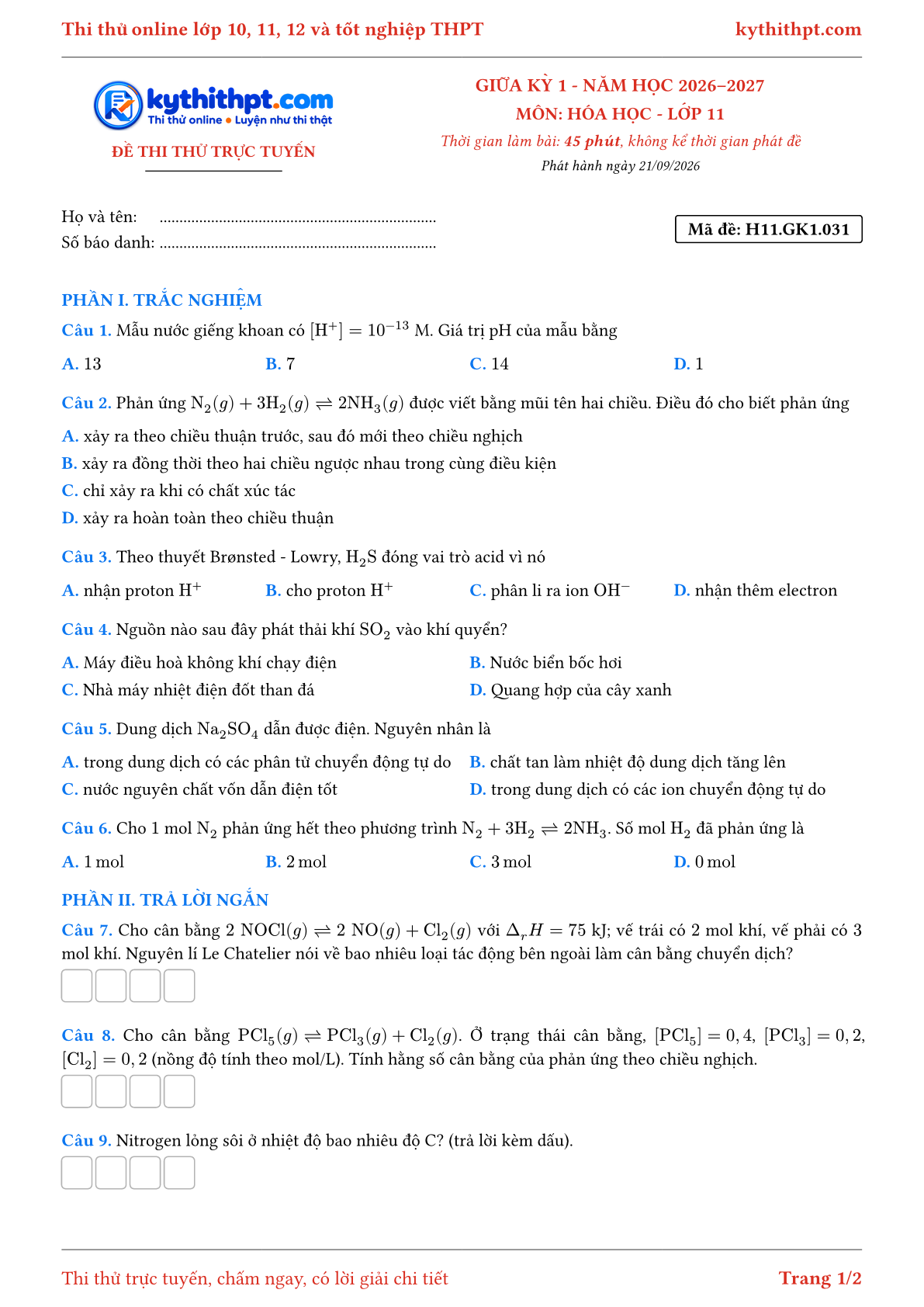 Trang đầu Đề thi thử online giữa kỳ 1 môn Hóa học lớp 11 - trắc nghiệm + trả lời ngắn - đề 031