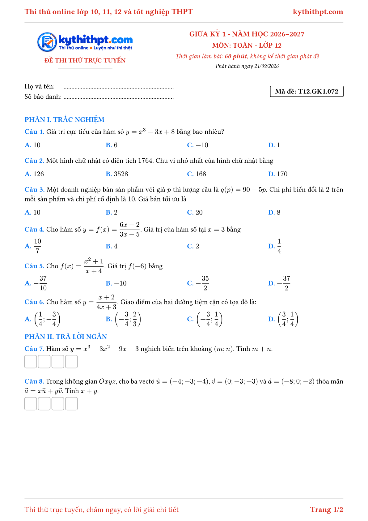 Trang đầu Đề thi thử online giữa kỳ 1 môn Toán lớp 12 - trắc nghiệm + trả lời ngắn - đề 072