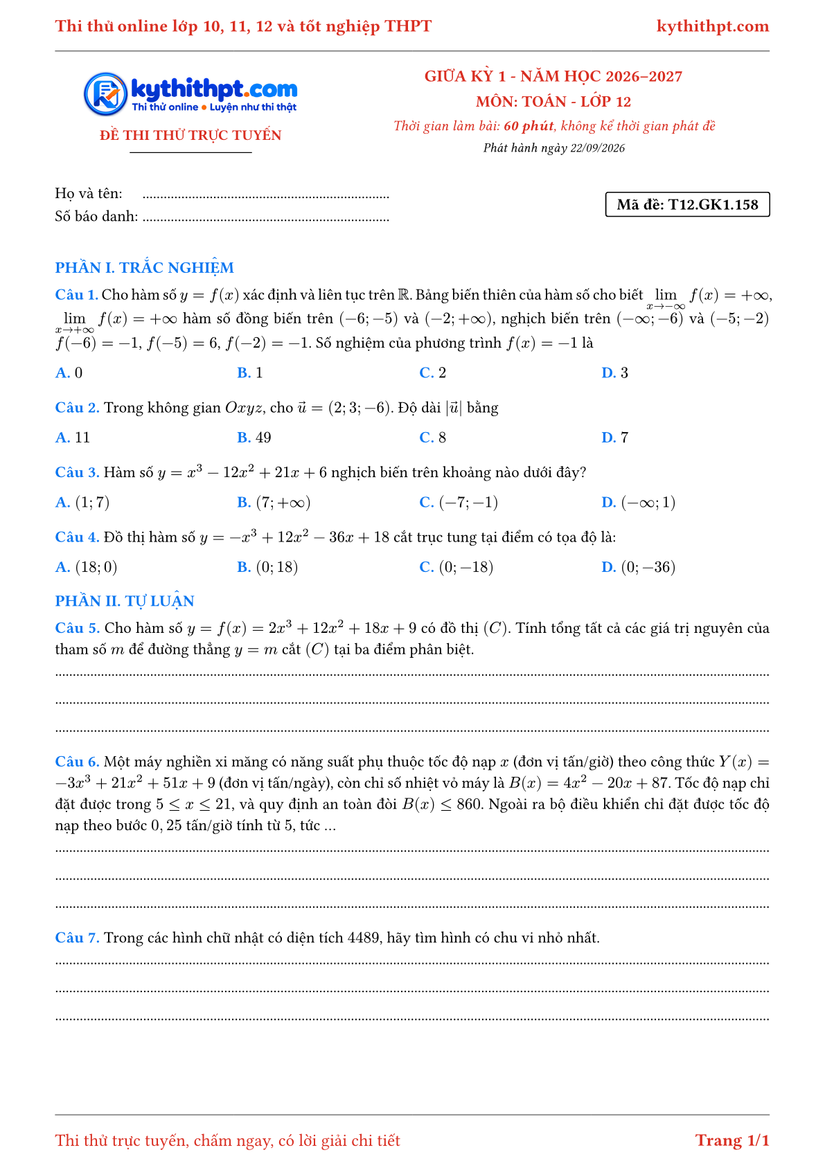 Trang đầu Đề thi thử online giữa kỳ 1 môn Toán lớp 12 - trắc nghiệm + tự luận nâng cao - đề 158