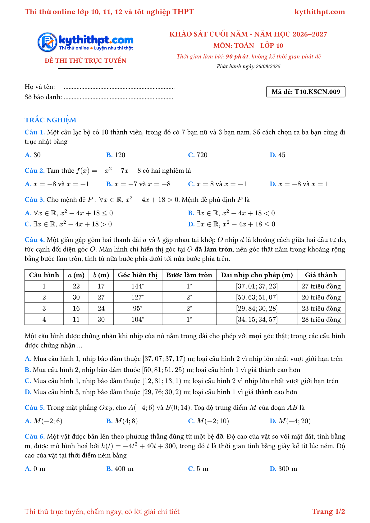 Trang đầu Đề thi thử online khảo sát cuối năm môn Toán lớp 10 - full trắc nghiệm - đề 009