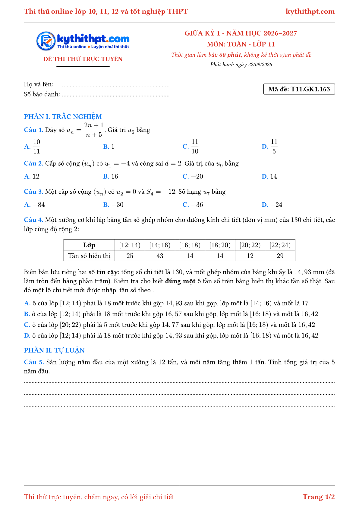 Trang đầu Đề thi thử online giữa kỳ 1 môn Toán lớp 11 - trắc nghiệm + tự luận nâng cao - đề 163