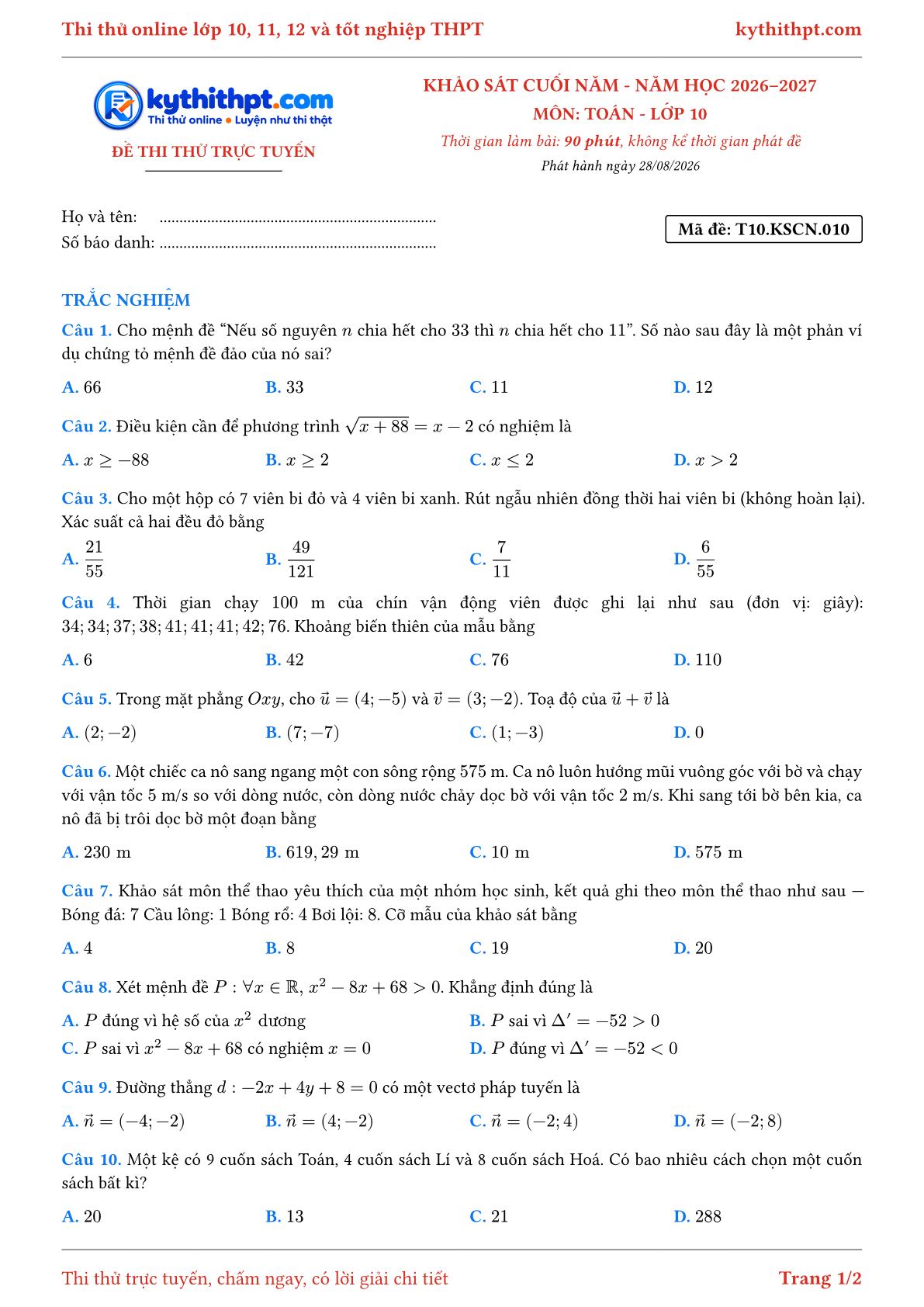 Trang đầu Đề thi thử online khảo sát cuối năm môn Toán lớp 10 - full trắc nghiệm - đề 010
