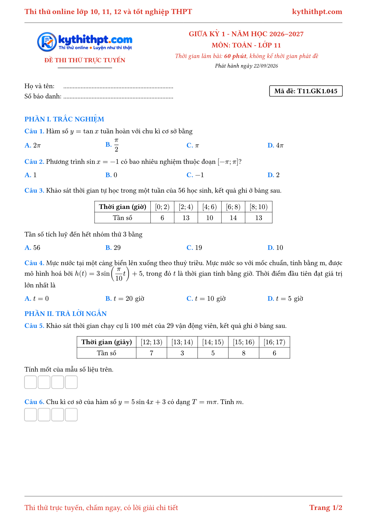Trang đầu Đề thi thử online giữa kỳ 1 môn Toán lớp 11 - trắc nghiệm + trả lời ngắn + tự luận - đề 045