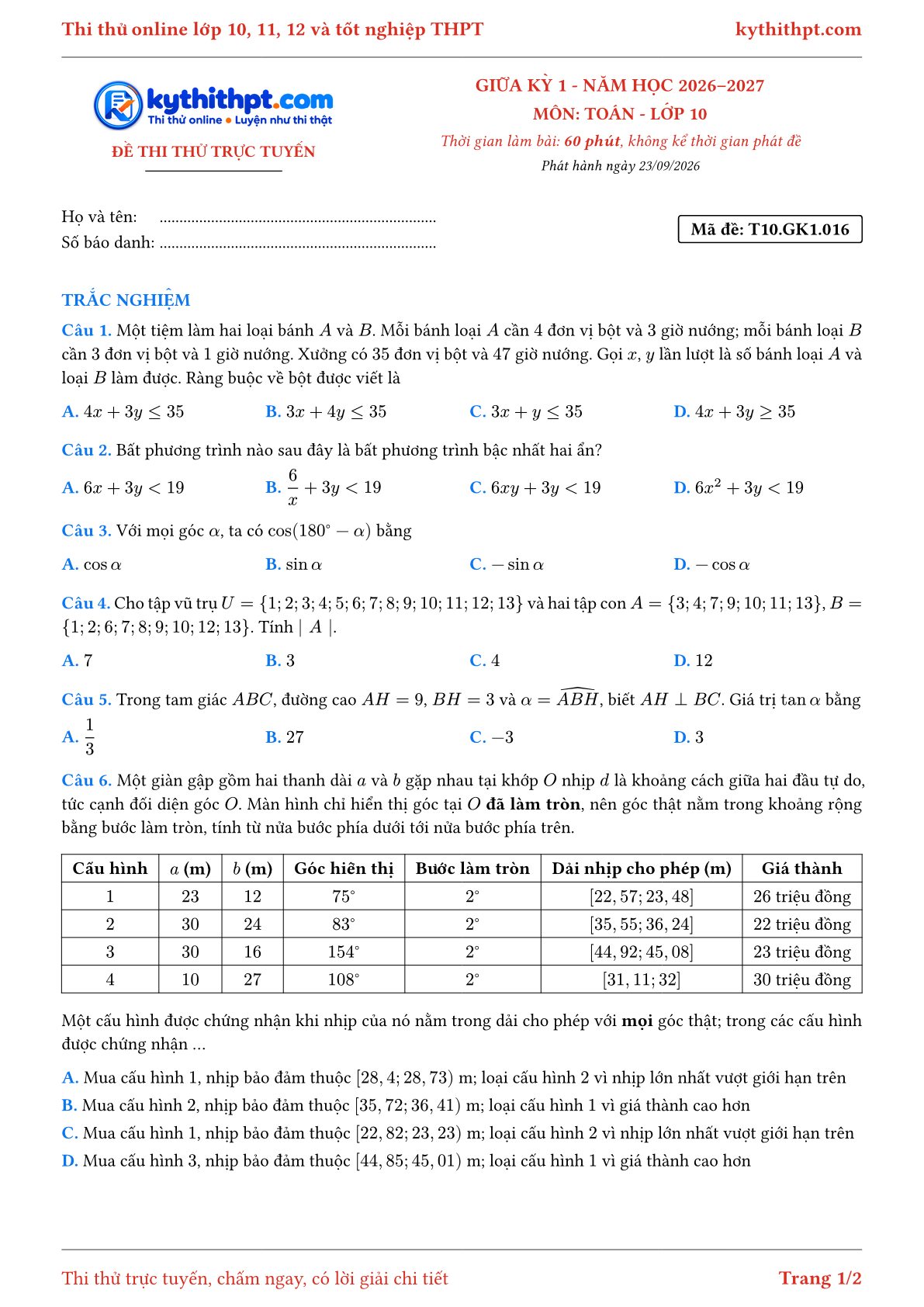 Trang đầu Đề thi thử online giữa kỳ 1 môn Toán lớp 10 - full trắc nghiệm - đề 016