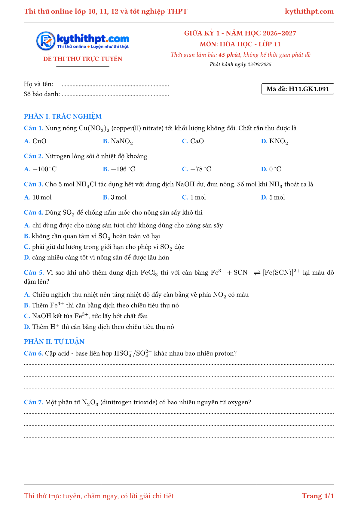 Trang đầu Đề thi thử online giữa kỳ 1 môn Hóa học lớp 11 - trắc nghiệm + tự luận - đề 091
