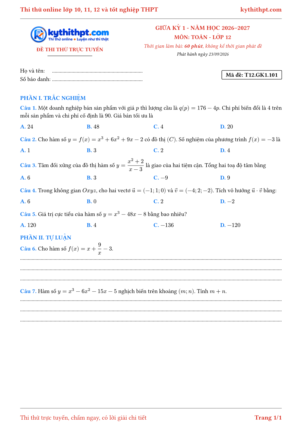 Trang đầu Đề thi thử online giữa kỳ 1 môn Toán lớp 12 - trắc nghiệm + tự luận - đề 101