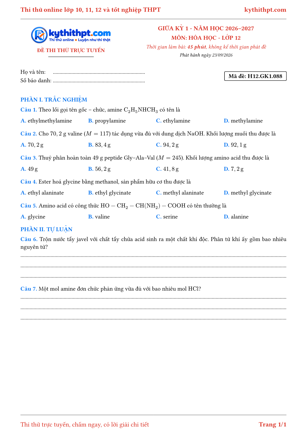 Trang đầu Đề thi thử online giữa kỳ 1 môn Hóa học lớp 12 - trắc nghiệm + tự luận - đề 088