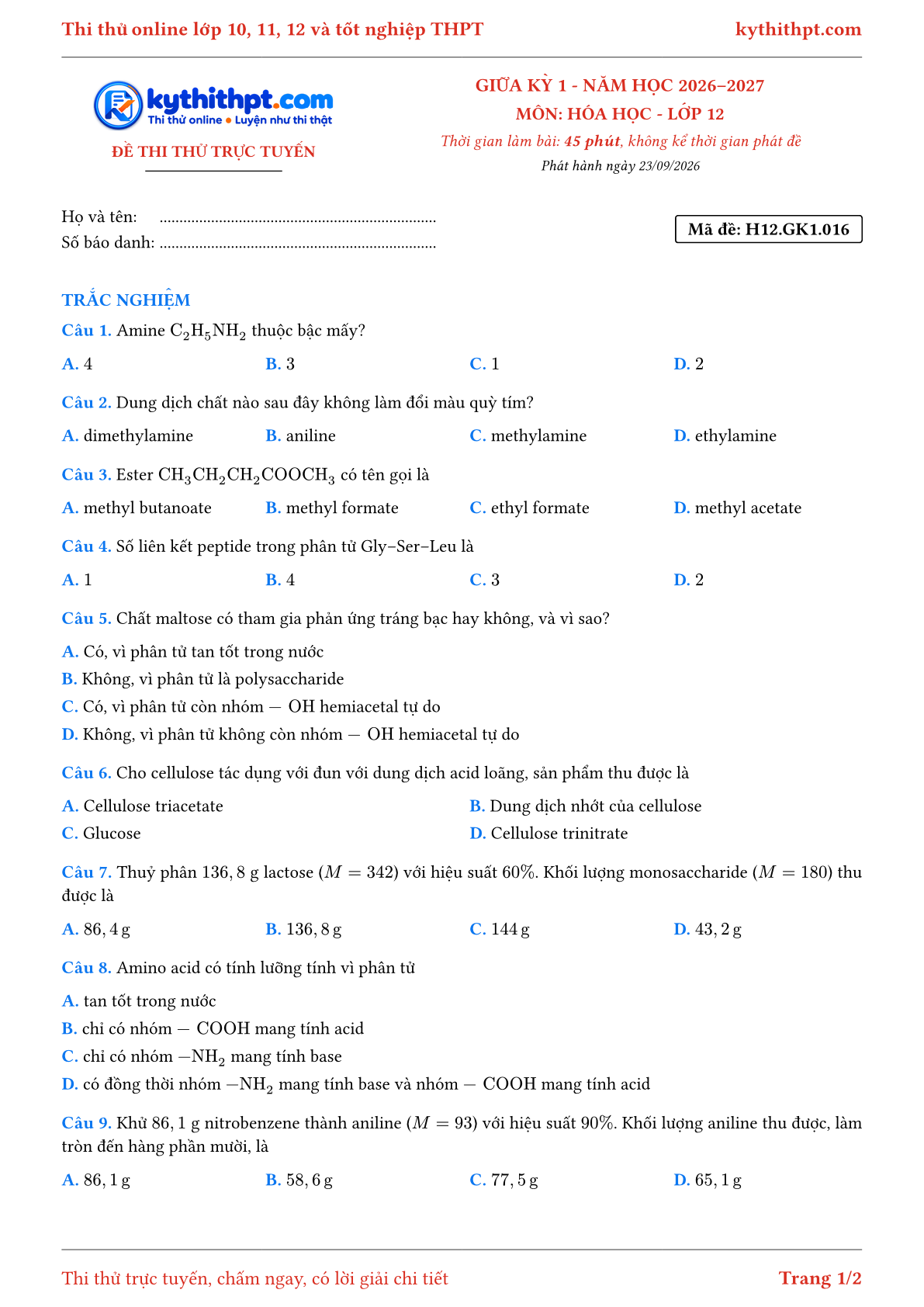 Trang đầu Đề thi thử online giữa kỳ 1 môn Hóa học lớp 12 - full trắc nghiệm - đề 016