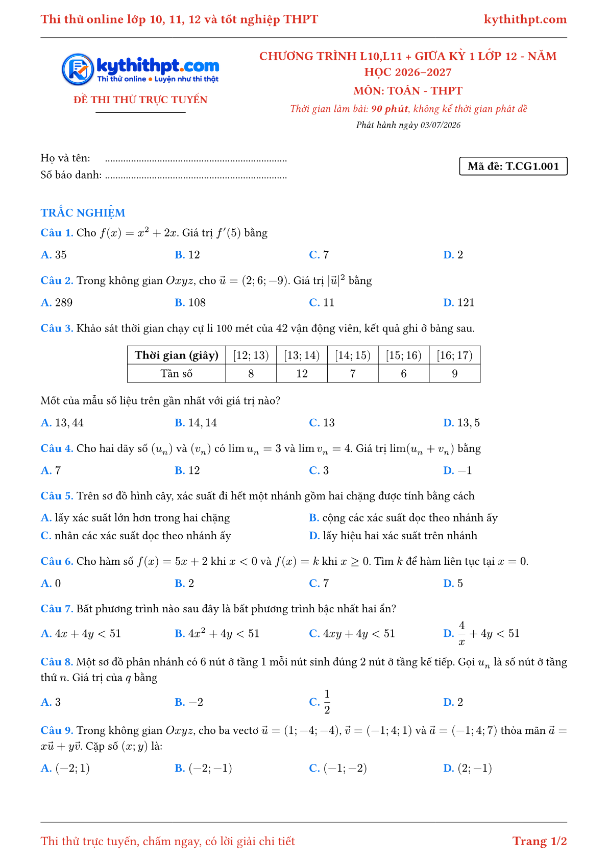 Trang đầu Đề thi thử online môn Toán theo chương trình lớp 10, 11 và giữa kỳ 1 lớp 12 - chuẩn cấu trúc tốt nghiệp - đề 001