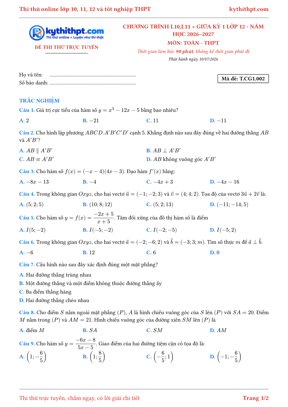 Trang đầu Đề thi thử online môn Toán theo chương trình lớp 10, 11 và giữa kỳ 1 lớp 12 - chuẩn cấu trúc tốt nghiệp - đề 002