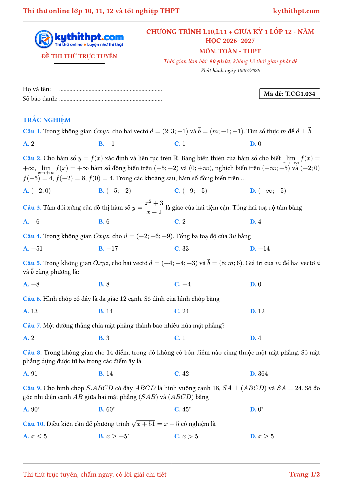 Trang đầu Đề thi thử online môn Toán theo chương trình lớp 10, 11 và giữa kỳ 1 lớp 12 - ôn luyện trắc nghiệm - đề 034