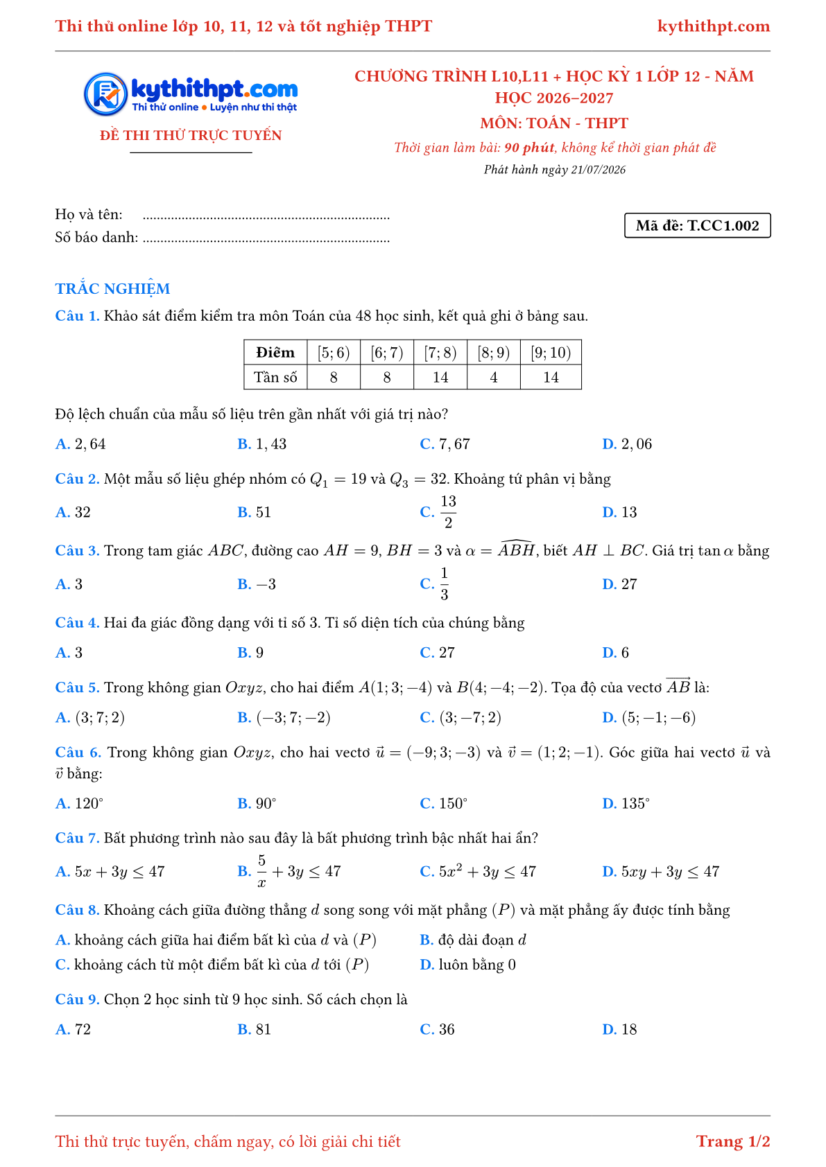 Trang đầu Đề thi thử online môn Toán theo chương trình lớp 10, 11 và học kỳ 1 lớp 12 - chuẩn cấu trúc tốt nghiệp - đề 002