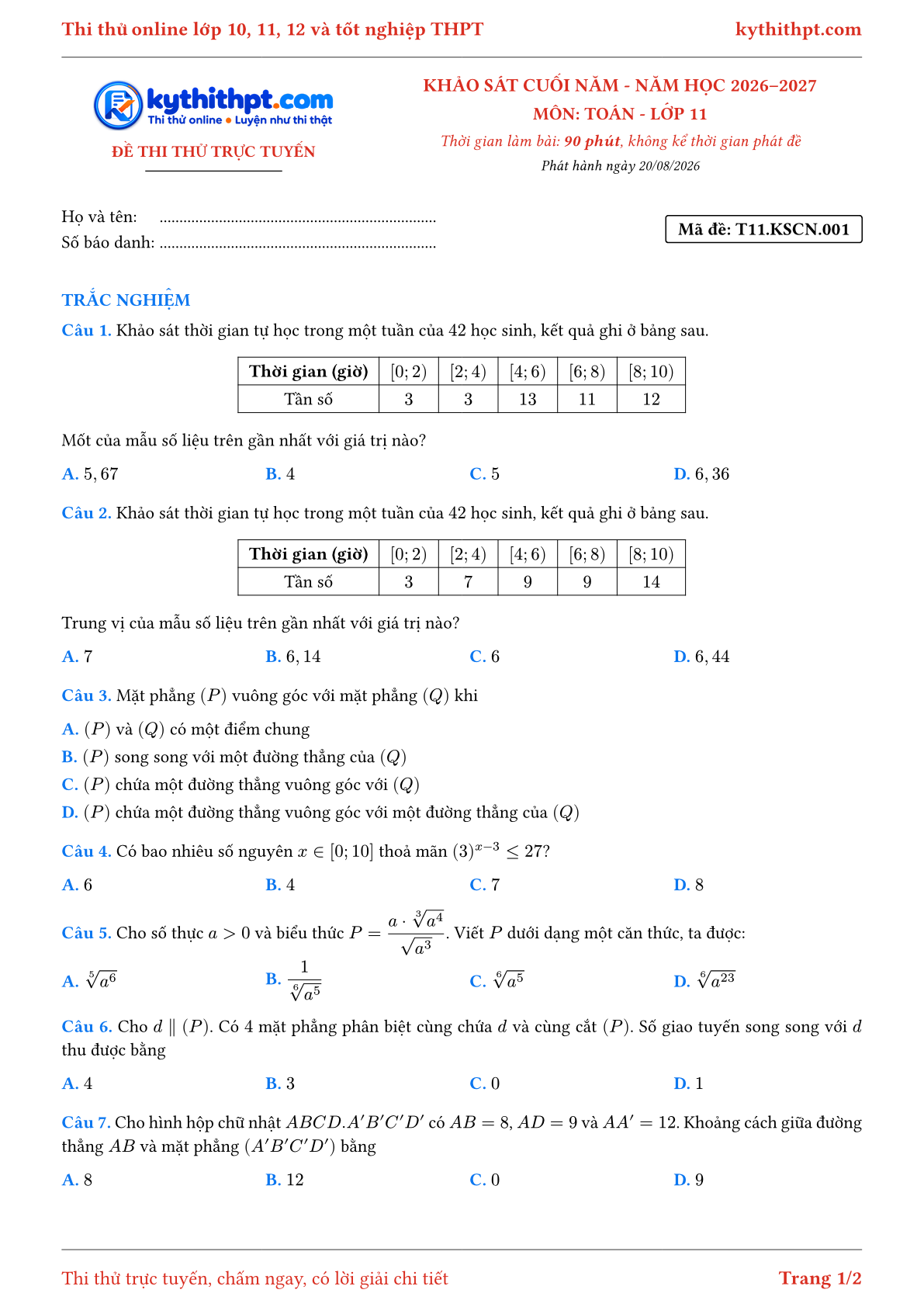Trang đầu Đề thi thử online khảo sát cuối năm môn Toán lớp 11 - chuẩn cấu trúc tốt nghiệp - đề 001